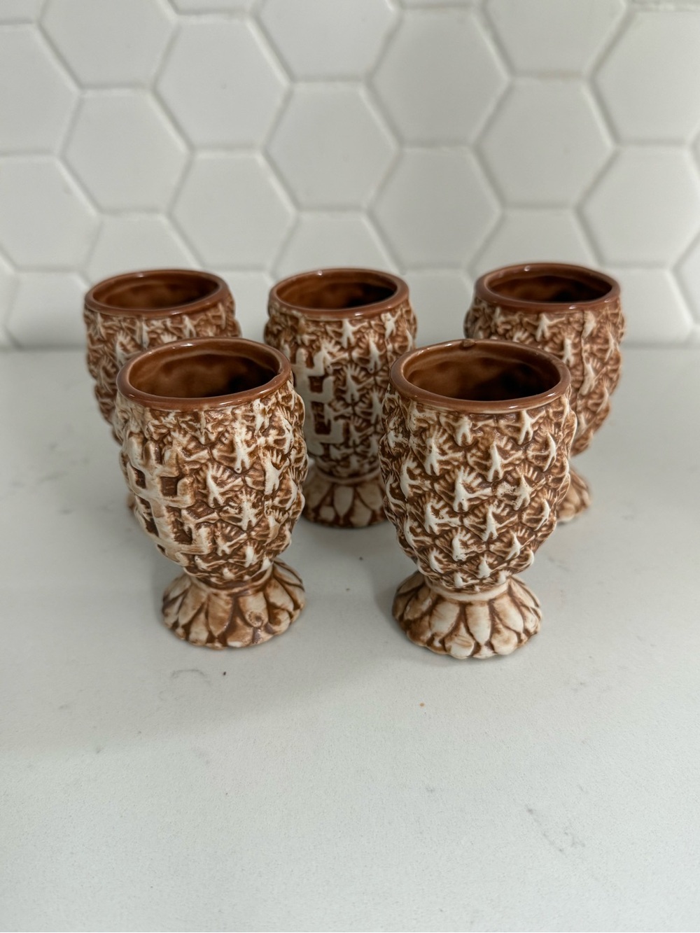 Textured Brown Stiggins Pineapple infused Ceramic Goblet Set - 5-Piece Drinkware